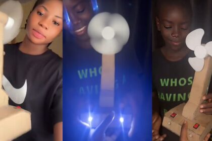 Lady shows off the ‘carton fan’ her brother fixed for her after their generator had a fault (WATCH)