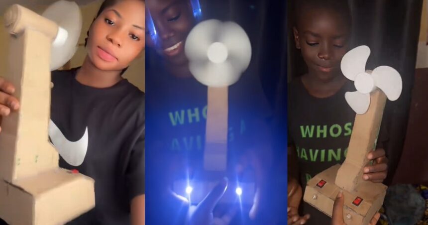 Lady shows off the ‘carton fan’ her brother fixed for her after their generator had a fault (WATCH)
