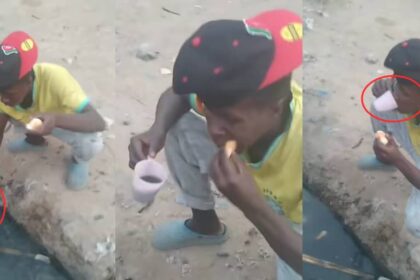 Man uses dirty drainage water to eat bread