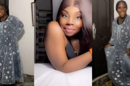 “Put a tummy belt sis on a heel and rock that dress” – Lady shares the oversized dress her friend’s talking stage bought for a dinner date (WATCH)