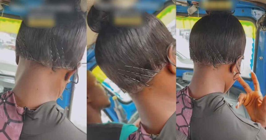“She wear 360 abi she nor wear” – Viral video of a lady rocking a frontal wig in public transport stúns online users (WATCH)