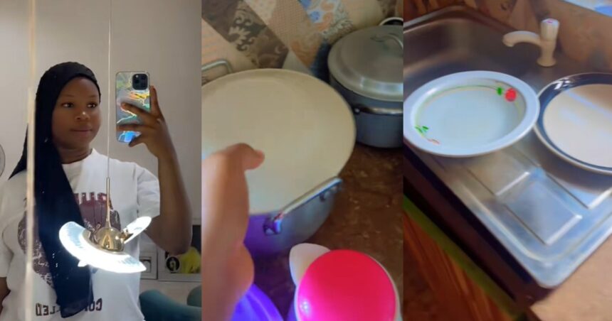 “She don experience water scarcity for her house” – Lady sh0cked to find kitchen utensils filled with water after asking friend for help (WATCH)