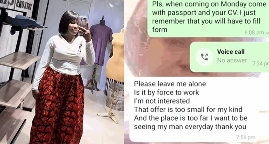 “I want to be seeing my man every day” – Businesswoman shares the surprising response of  a 21-year-old tailor seeking a job (WATCH)