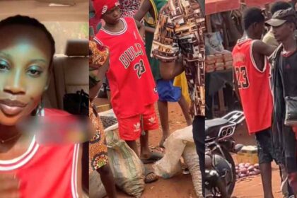 “I no know say na my village people uniform” – Lady feels ashamɘd to see individuals wearing the same matching jersey as her at the village market (VIDEO)