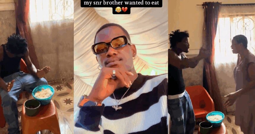 “When she saw the food my snr brother wanted to eat” –  Man shows how his mother scolded his brother for serving himself too much food (WATCH)