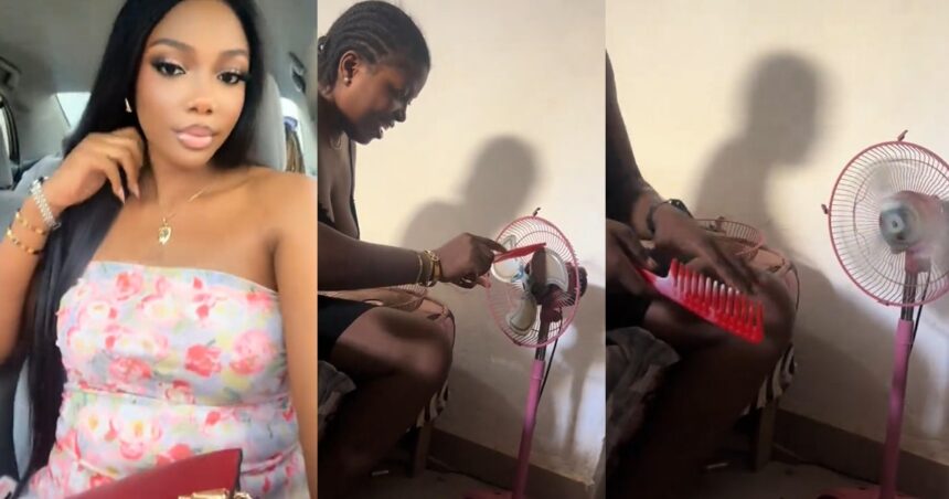 Lady strúggles to switch on her standing fan after her friend complained of heat (WATCH)