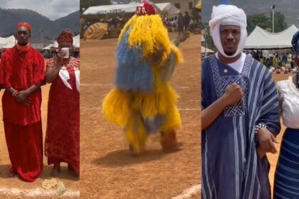 “Why my own things dey always different” – Lady lamɘnts as her boyfriend wears a masquerade costume while his fellow male corpers represent their platoon in royal attire at the NYSC cultural festival (VIDEO)