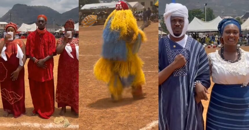 “Why my own things dey always different” – Lady lamɘnts as her boyfriend wears a masquerade costume while his fellow male corpers represent their platoon in royal attire at the NYSC cultural festival (VIDEO)